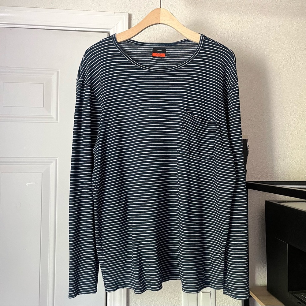 FADELESS‎ blue white striped cotton crew neck long sleeve tee tshirt
